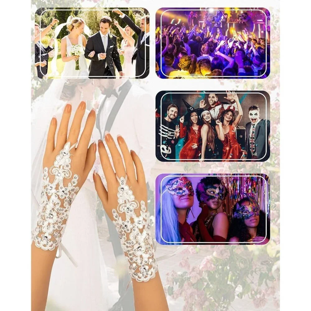 Women's Rhinestone Fingerless White Gloves Bride Wedding Party Prom Accessories